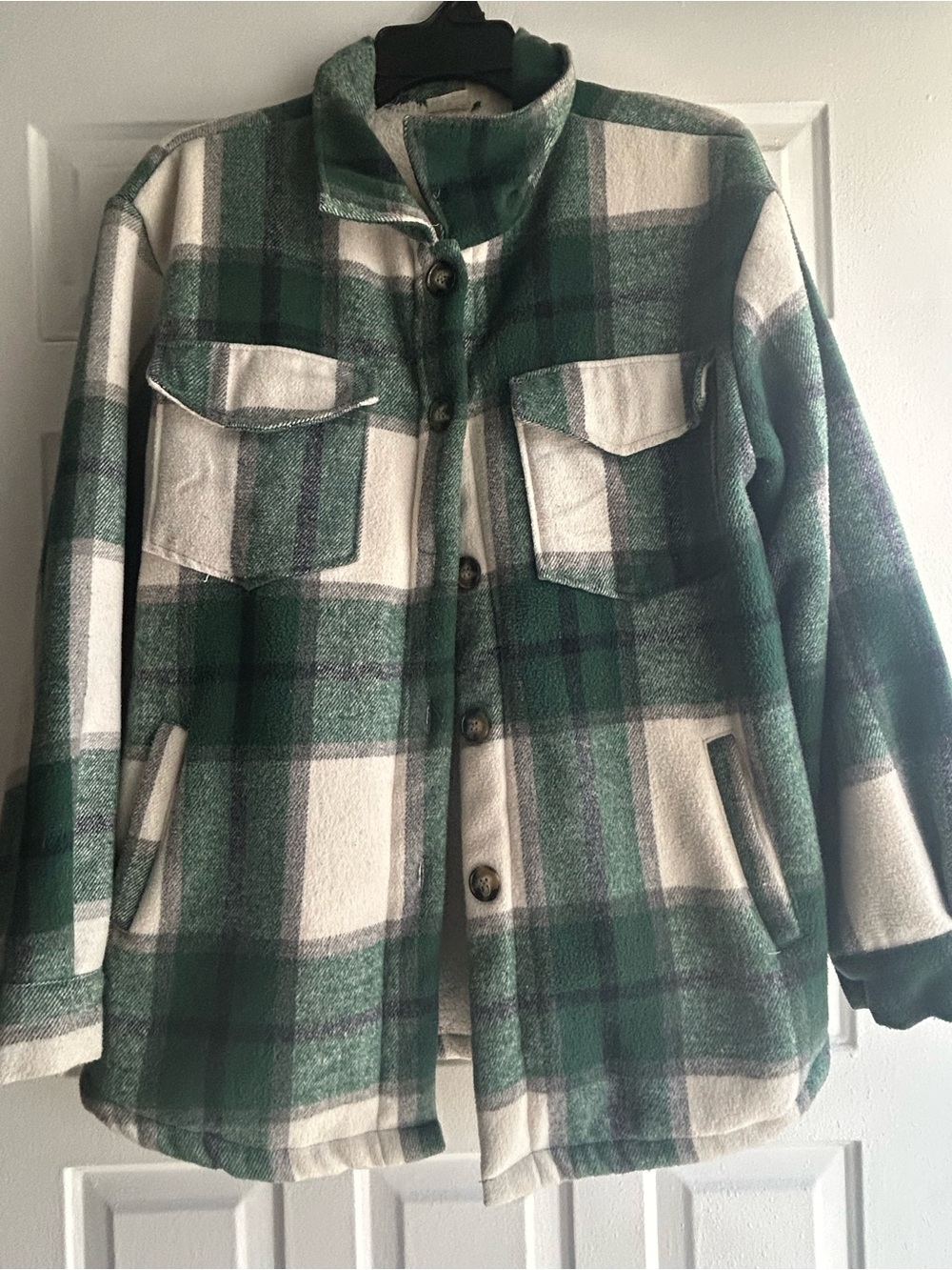 Green & Cream Plaid Button Front Shacket Jacket with Pockets | Cozy Fall Layer